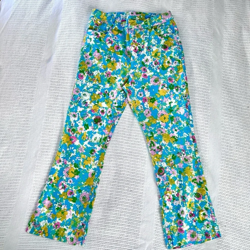 Zara Size 6 Floral Linen Blend Mini Flare Cropped Trouser Pants Spring Beachy